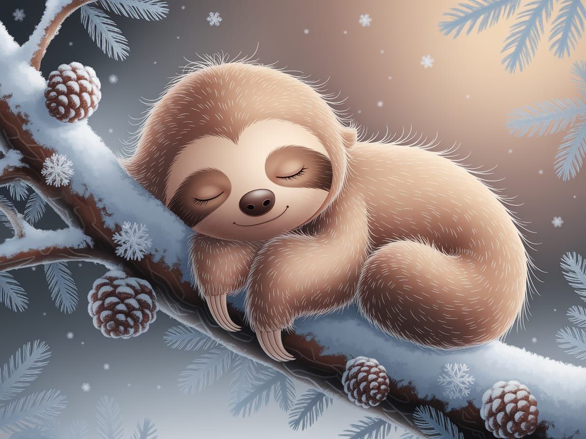 Adorable Sleeping Sloth in Gentle Snowfall, Impressionistic ...