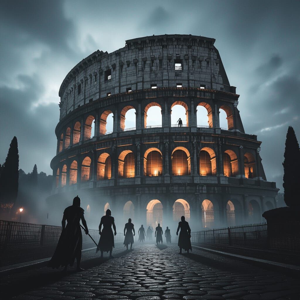 Haunted Colosseum at Night with Ghostly Gladiators