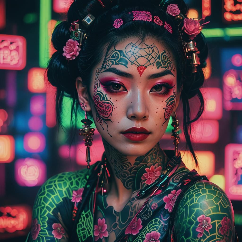 Neon Geisha Portrait in Cyberpunk Vaporwave Style