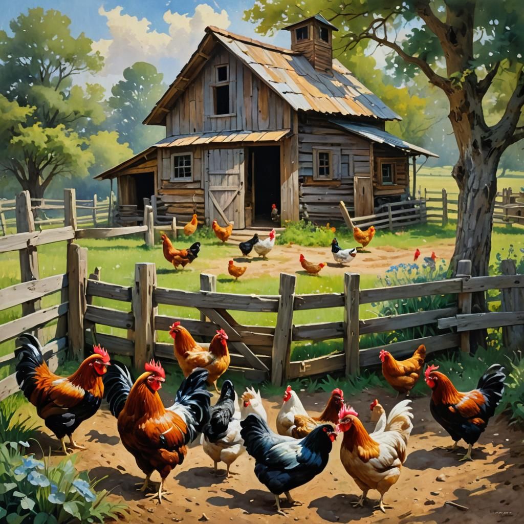 Impressionist Chickens in Countryside: Gouache Watercolor Pa...