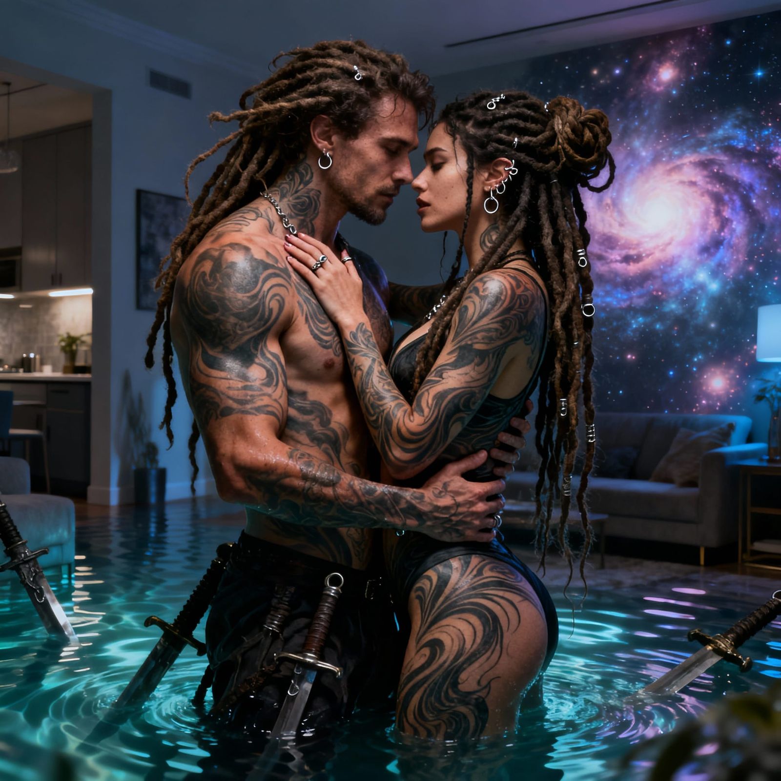 Intimate Embrace of Tattooed Couple in Surreal Apartment