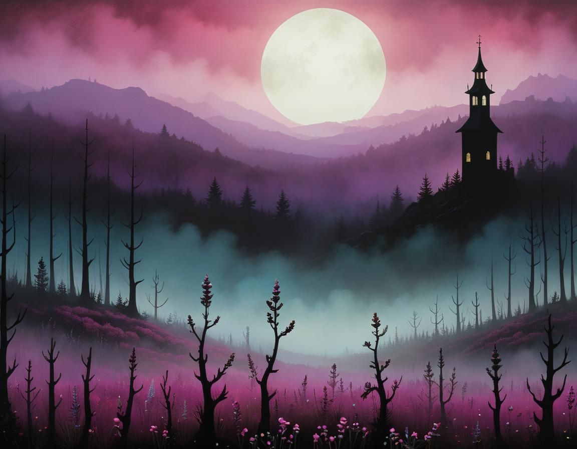 Blooming Heather in Morning Mist: Intricate Art