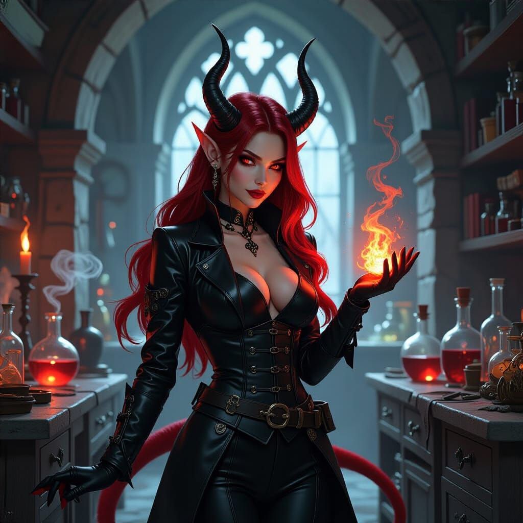 Tiefling Alchemist Mixing Potions in Gothic Laboratory