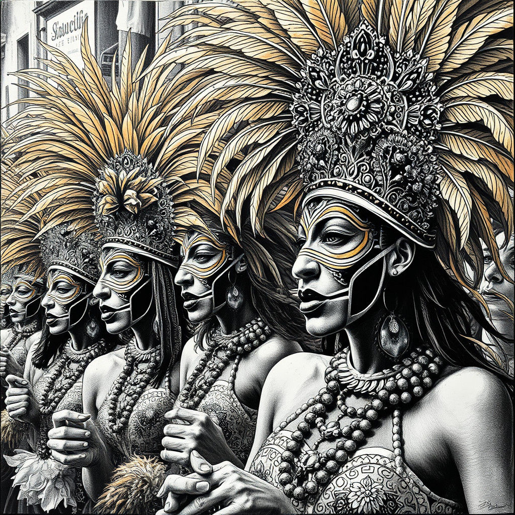 Rio Carnival Scene in Modernist Charcoal Drawing