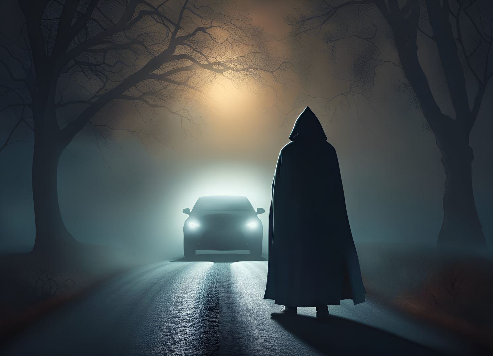 Ominous Hooded Figure on Misty Road at Night