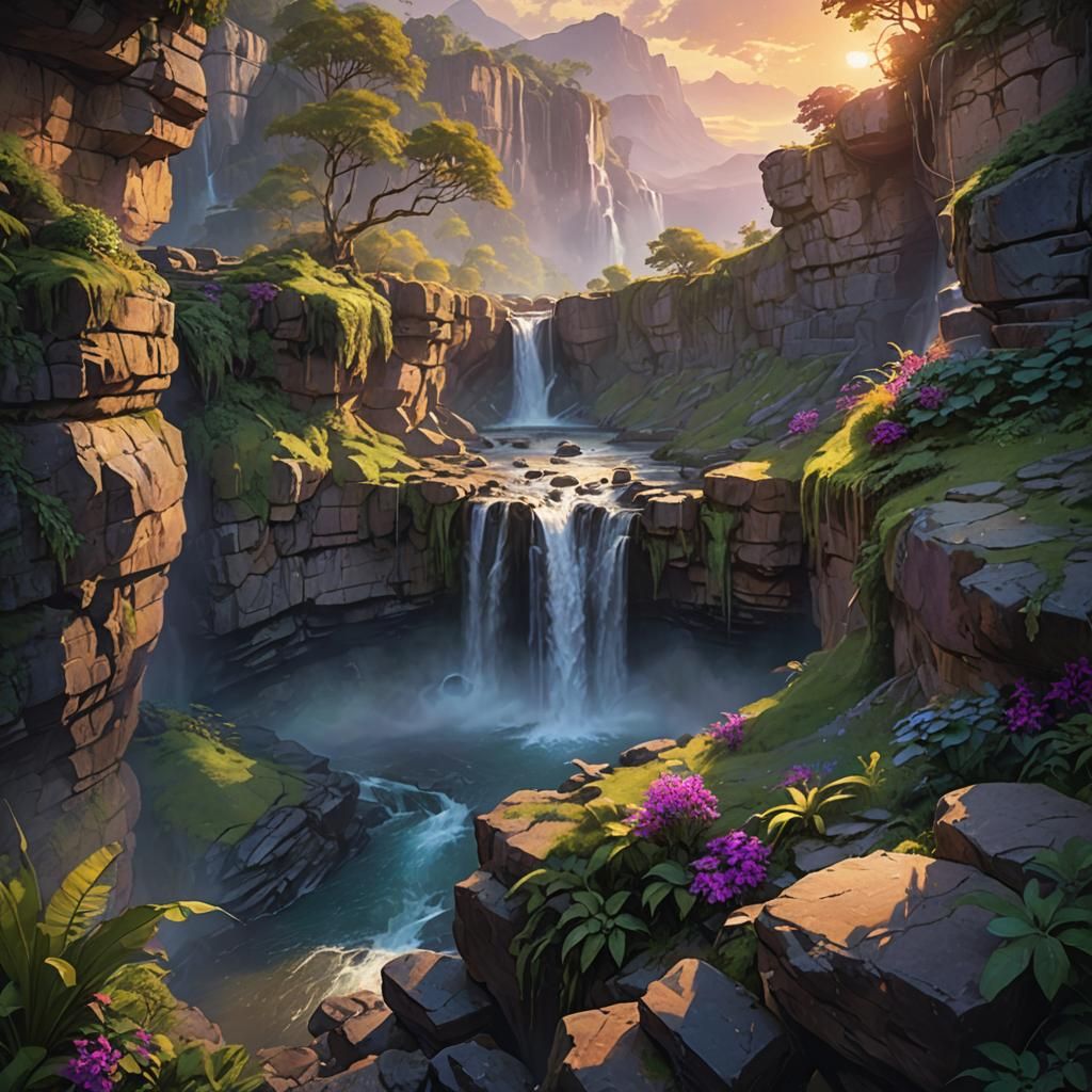 Waterfall Sunset Landscape in Vivid Oil Painting Style