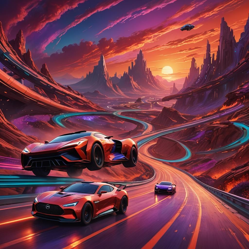 Futuristic Cars Racing Under Red Sky: Concept Art