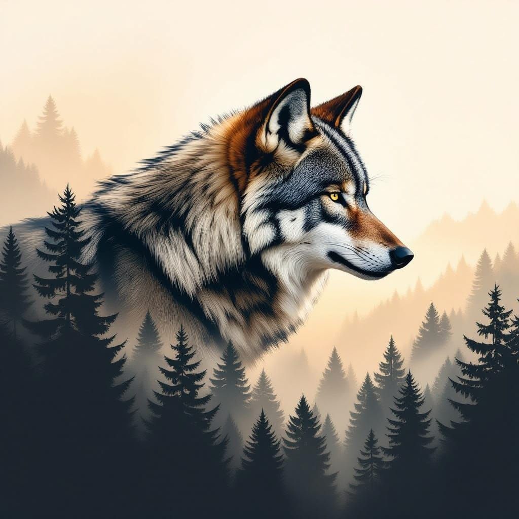 Ethereal Forest and Wolf Double Exposure in Sepia Tones