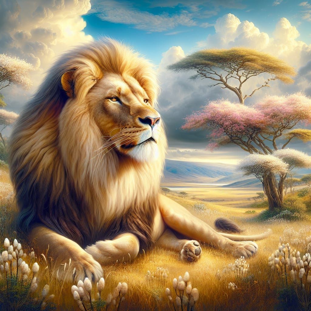 Majestic Lion Basking in Savannah Sunlight: Digital Painting