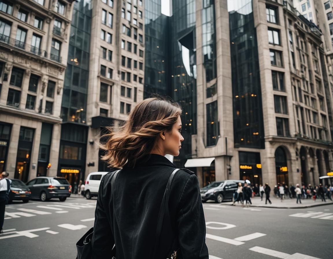 Woman Gazing at Glass Building in Cityscape