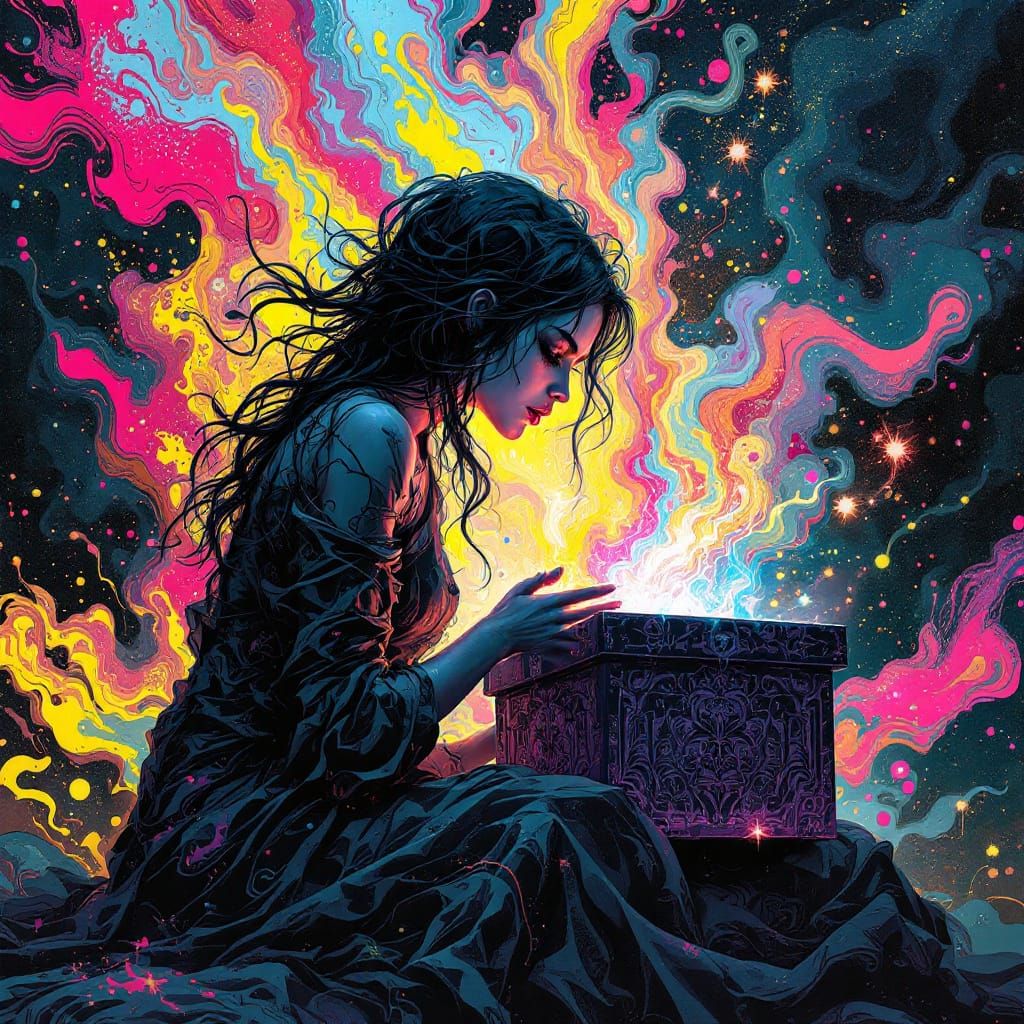 Woman Opens Cursed Dibbuk Box: Hyperrealistic Splash Art