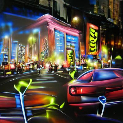Neon Cityscape at Night: Airbrush Painting
