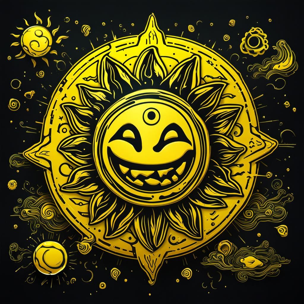 Glow in dark  3D ink  tattoo magma yellow happy sun breathing glowing plasma under black light in dark room , GeForce RT...