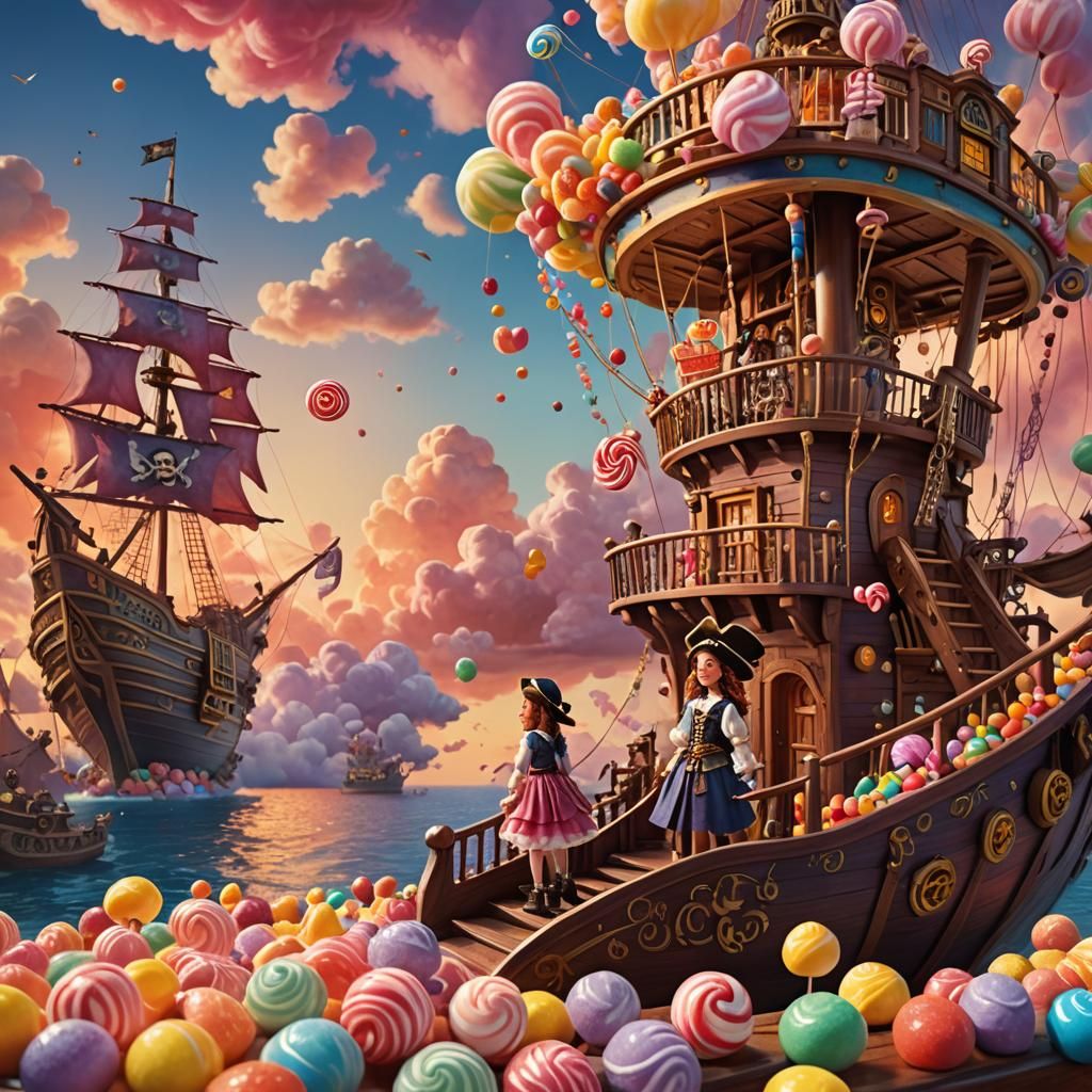 Candy Pirate Ship Voyage in Matte Painting Style