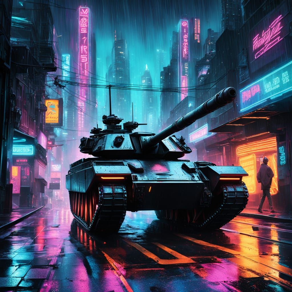 Cyberpunk Abrams Tank Speeds Through Neon City