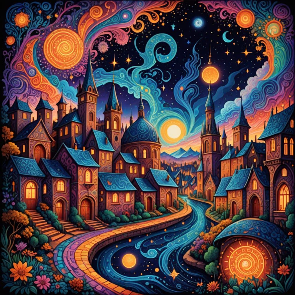 Cosmic Old Town Plaza at Night: Astral Illustration