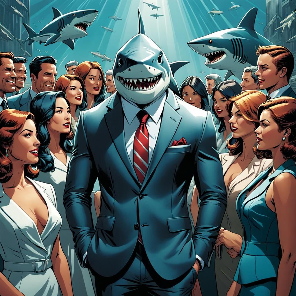 Cartoon Shark Man Surrounded by Adoring Women