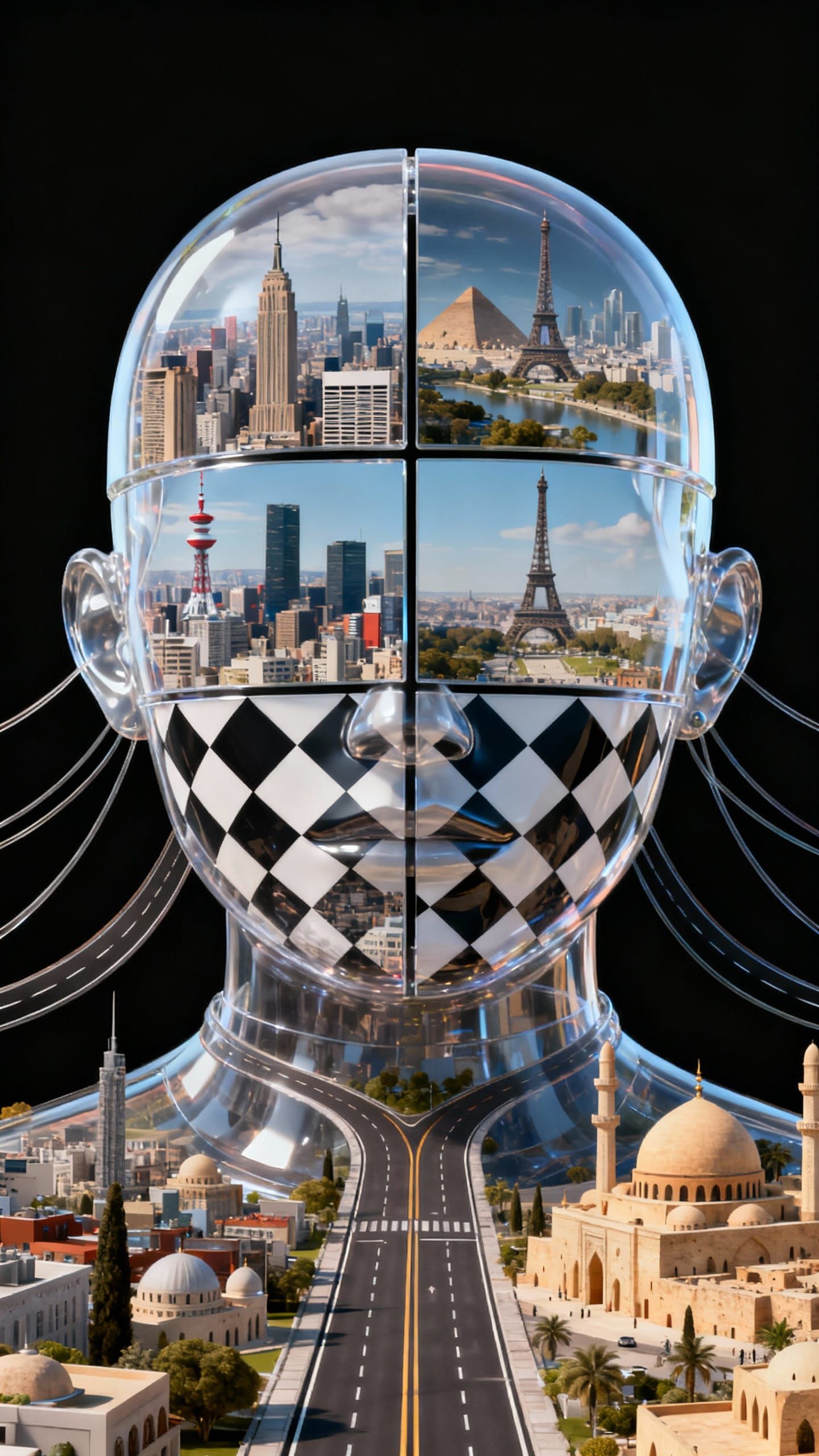 Surreal Face With City Double Exposures in Four Quadrants