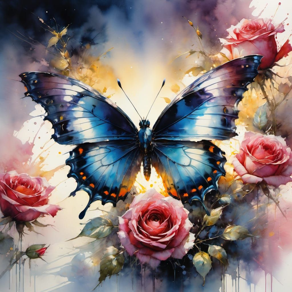 Surreal Watercolor Butterfly on Rose in Dramatic Sunset