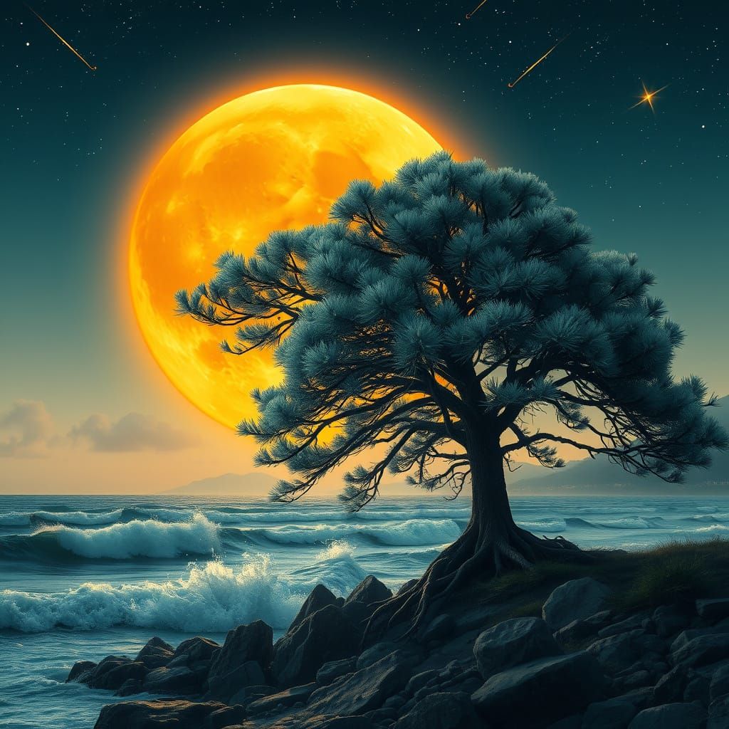 Majestic Pine Tree Under Harvest Moon