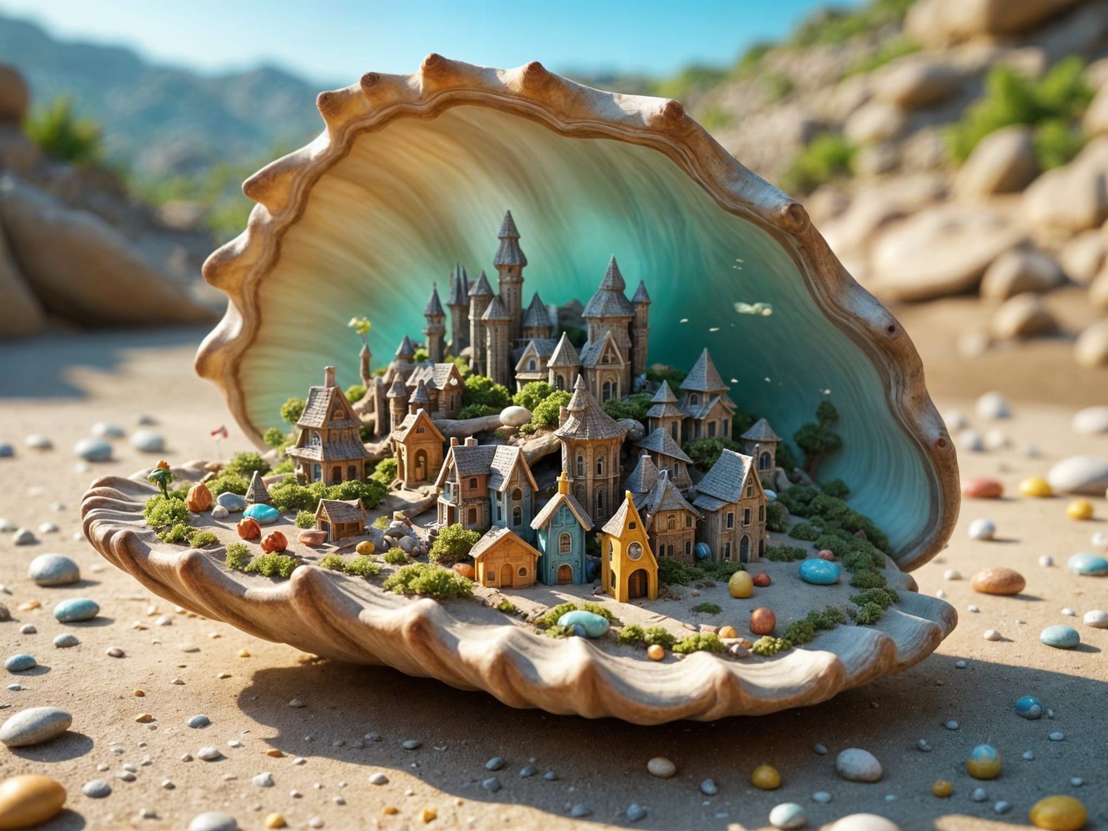 Miniature City in Seashell: Matte Painting Style