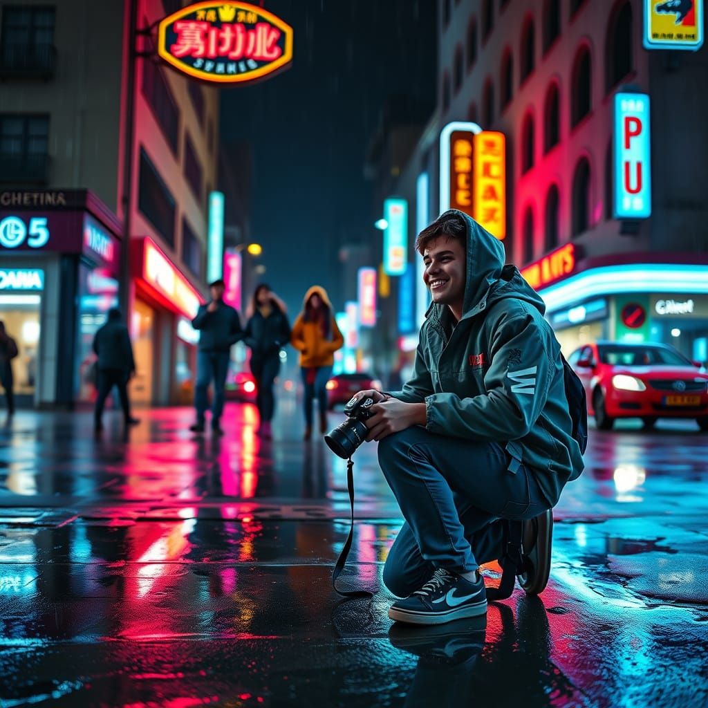 Hyperrealistic Street Scene: Photographer Capturing Laughter