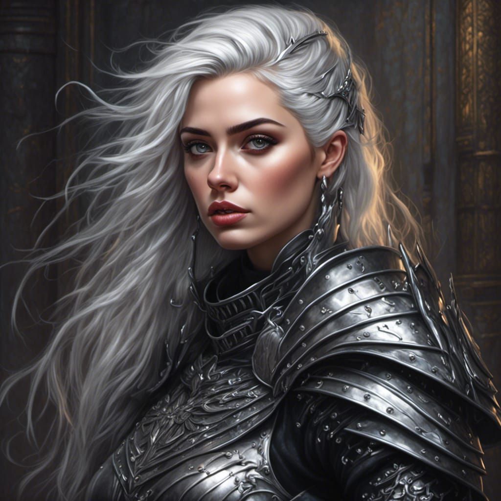 Silver Haired Princess in Black Metal Armor Portrait