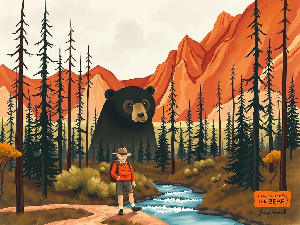 Whimsical Bear in Forest Landscape, Acrylic and Ink