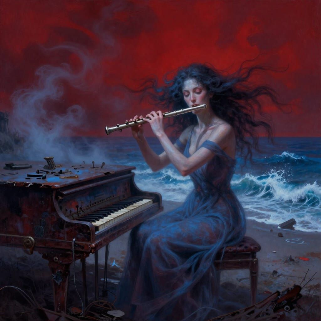 Surreal Music Landscape in Crimson and Blue