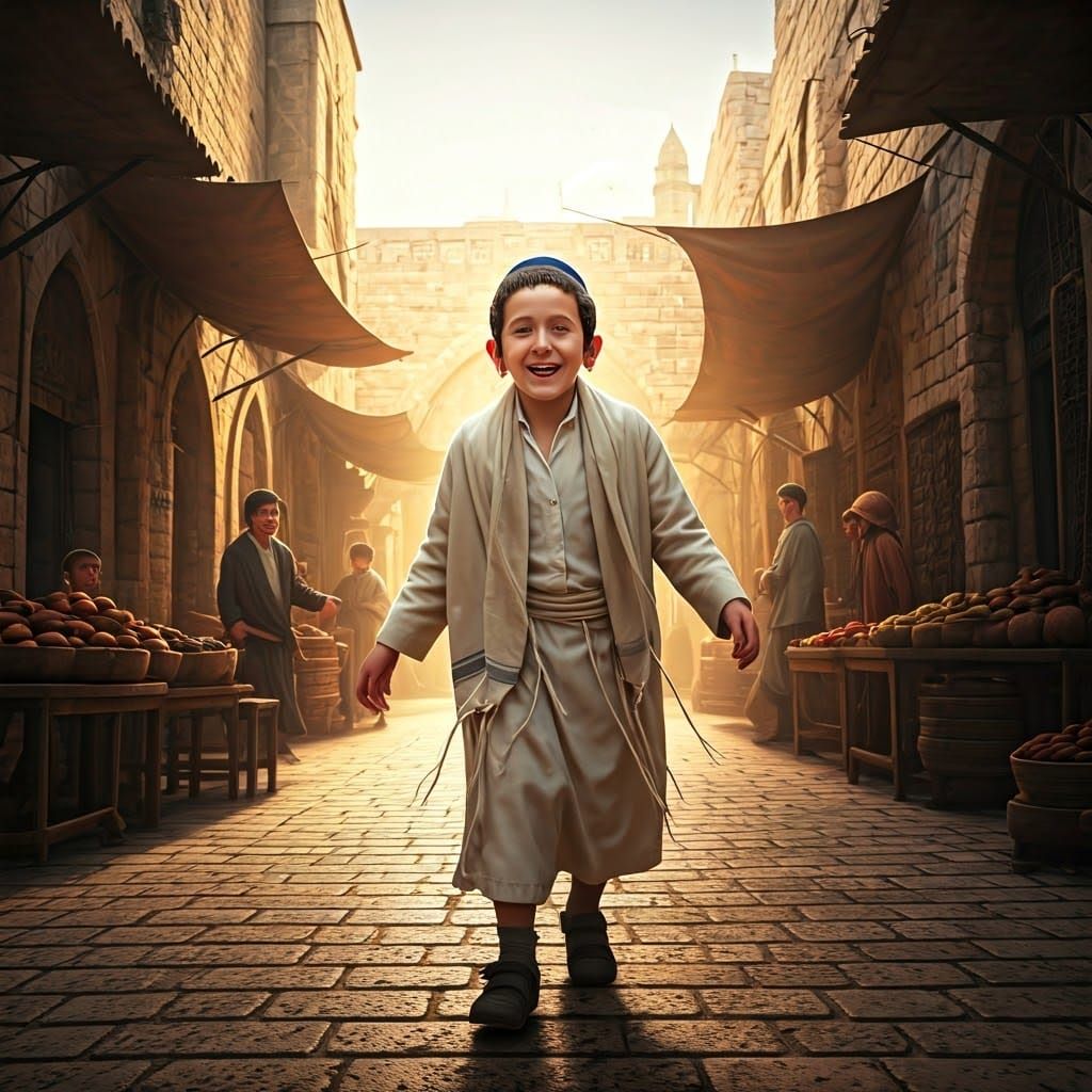 Young Jewish Boy Plays in Historic Haydar of Old Jerusalem