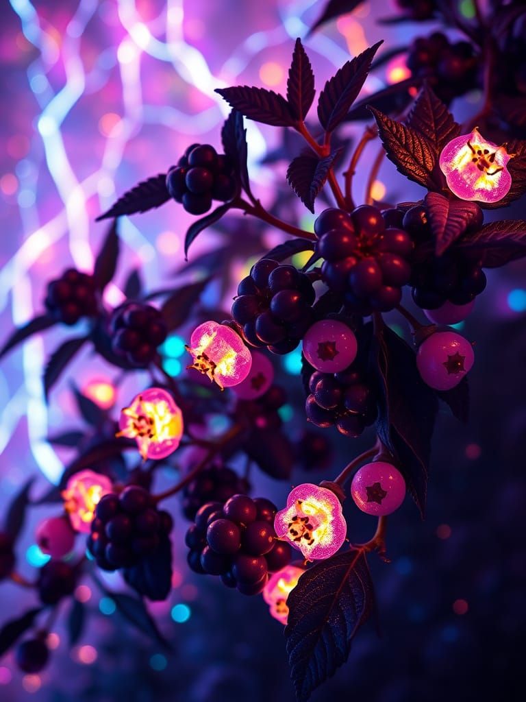 Bioluminescent Blackberry Bushes in Futuristic Landscape