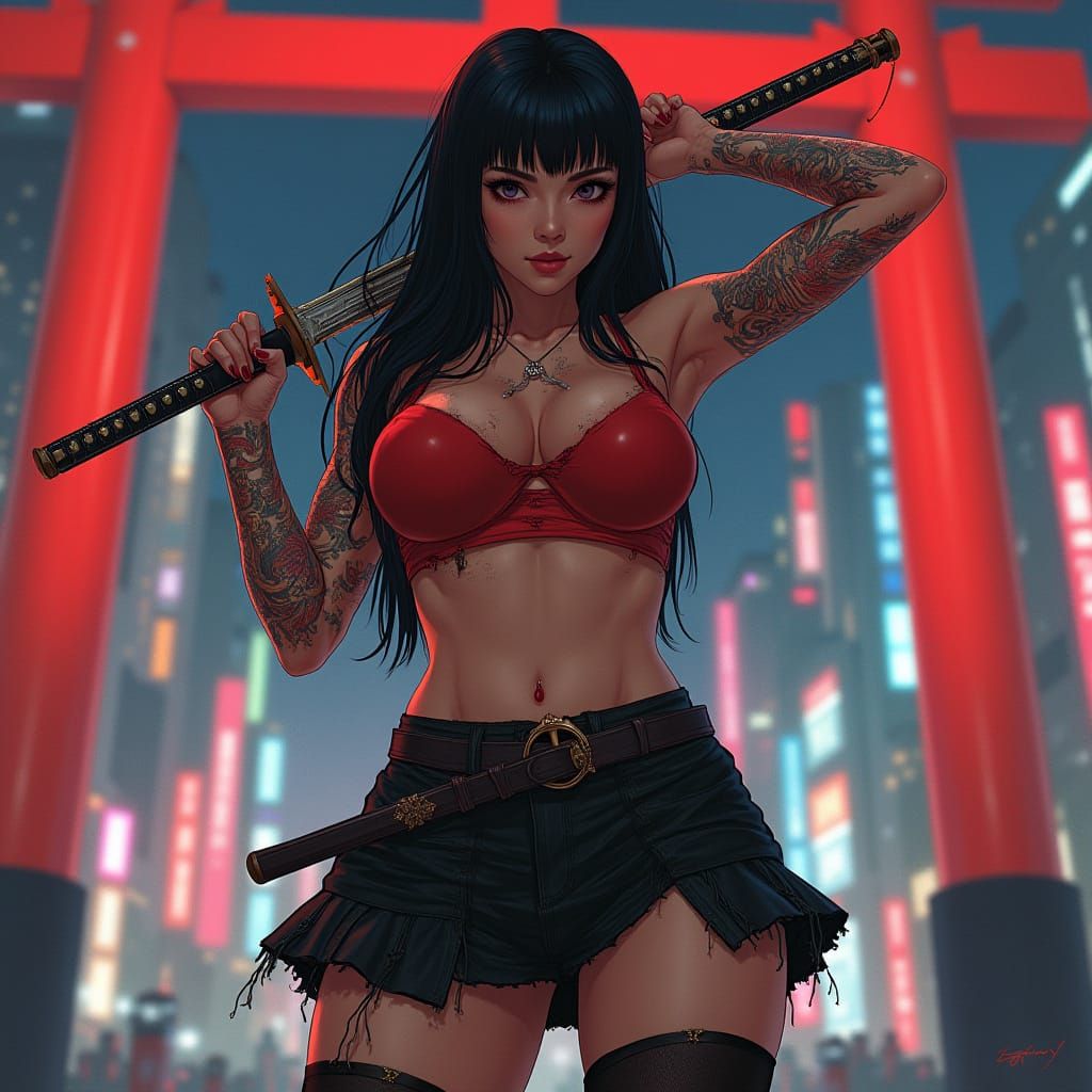 Cyberpunk Japanese Superheroine with Katana in Neon Tokyo