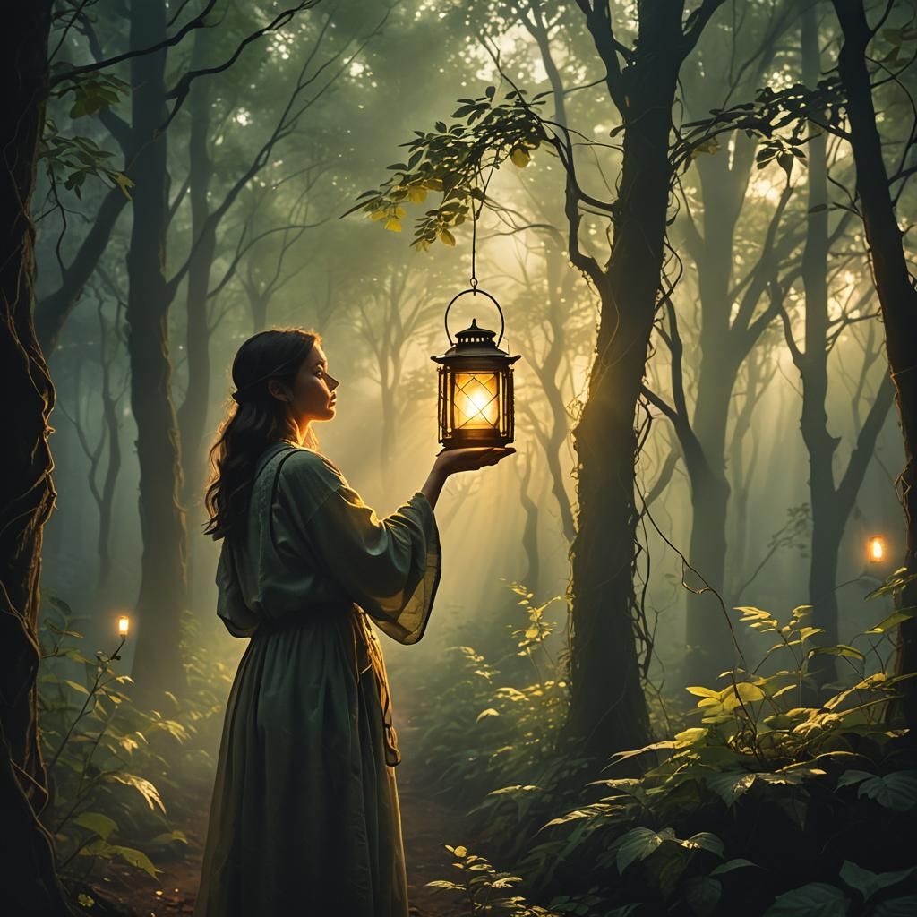 Radiant Light in Serene Forest: Ethereal Art