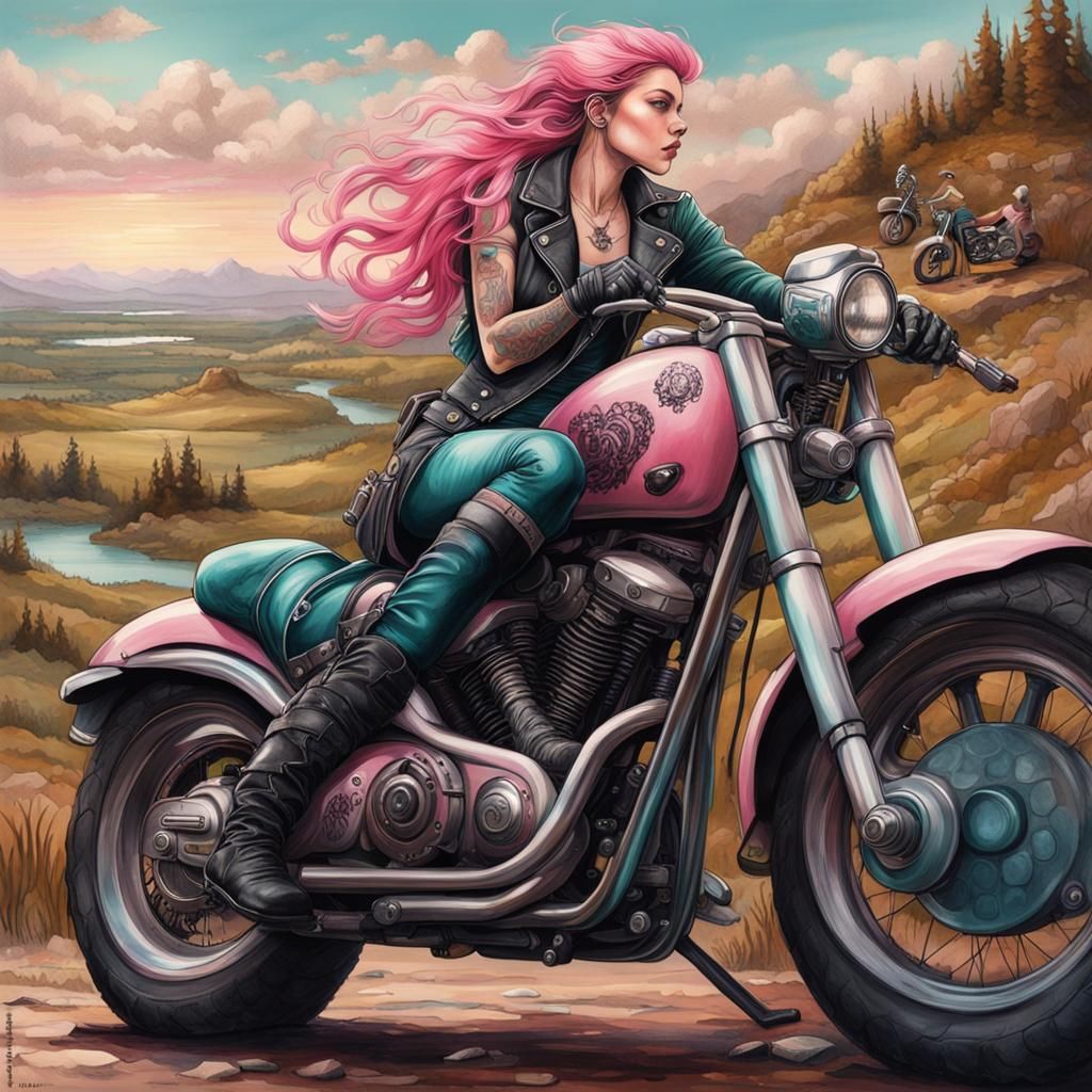 Steampunk Biker Girl in a Realistic Landscape