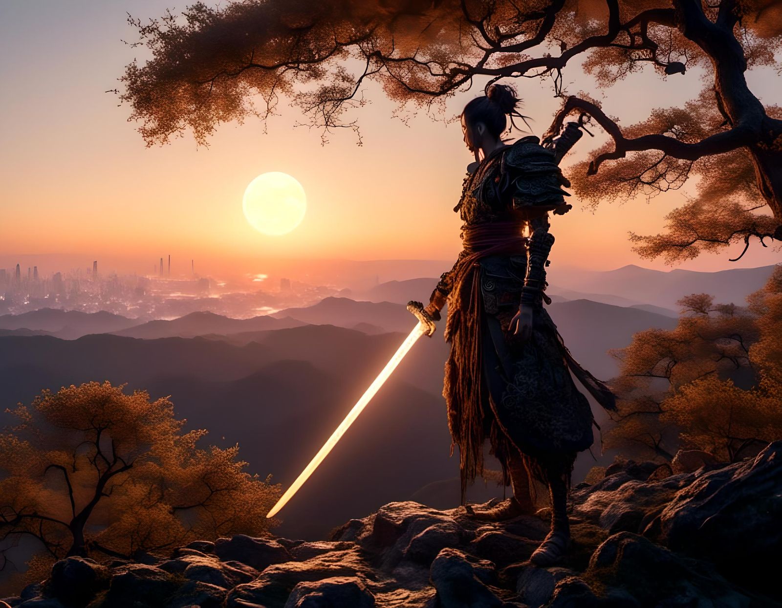 Samurai with Katana at Sunset in Japan