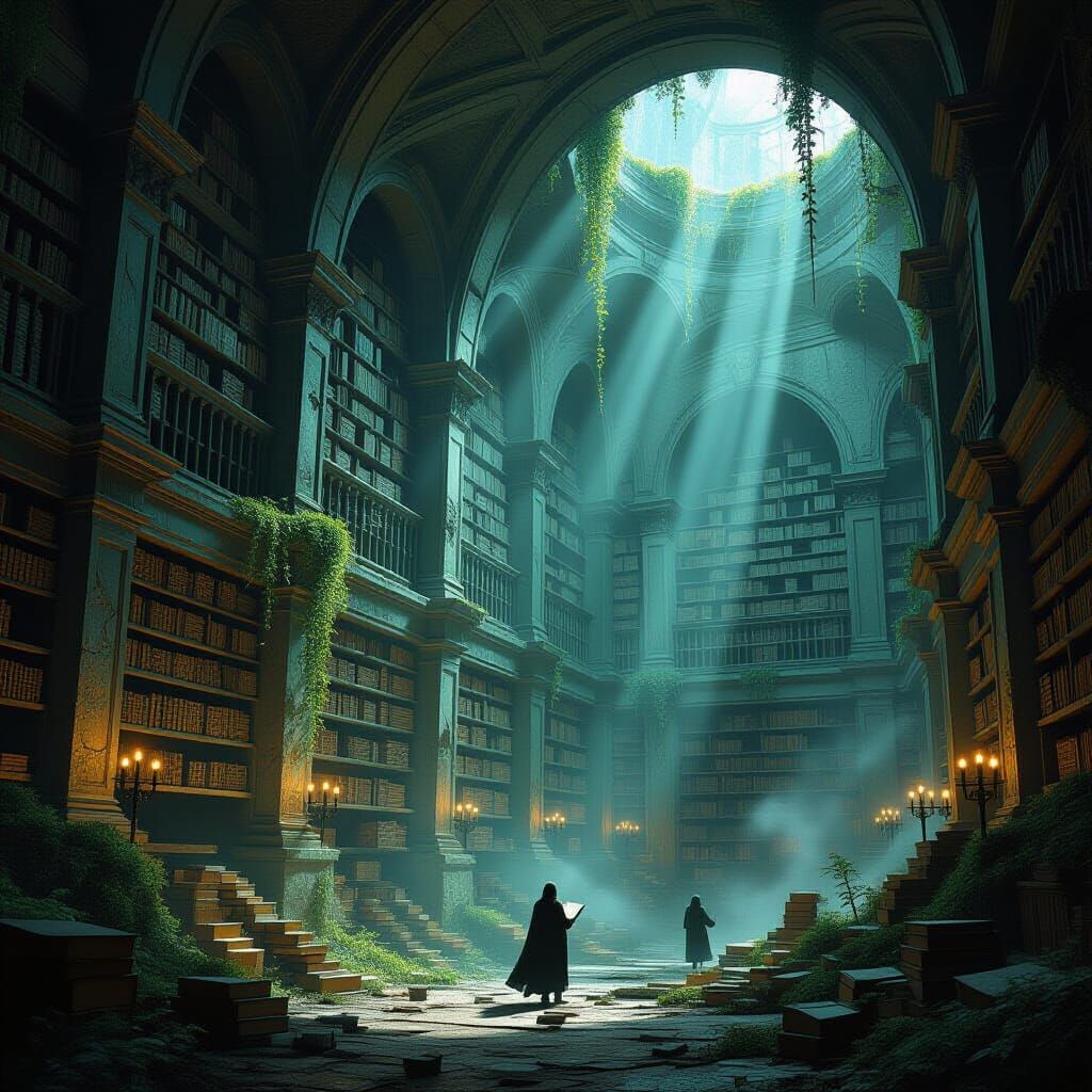 Ancient Mountain Library in Dark Fantasy Style