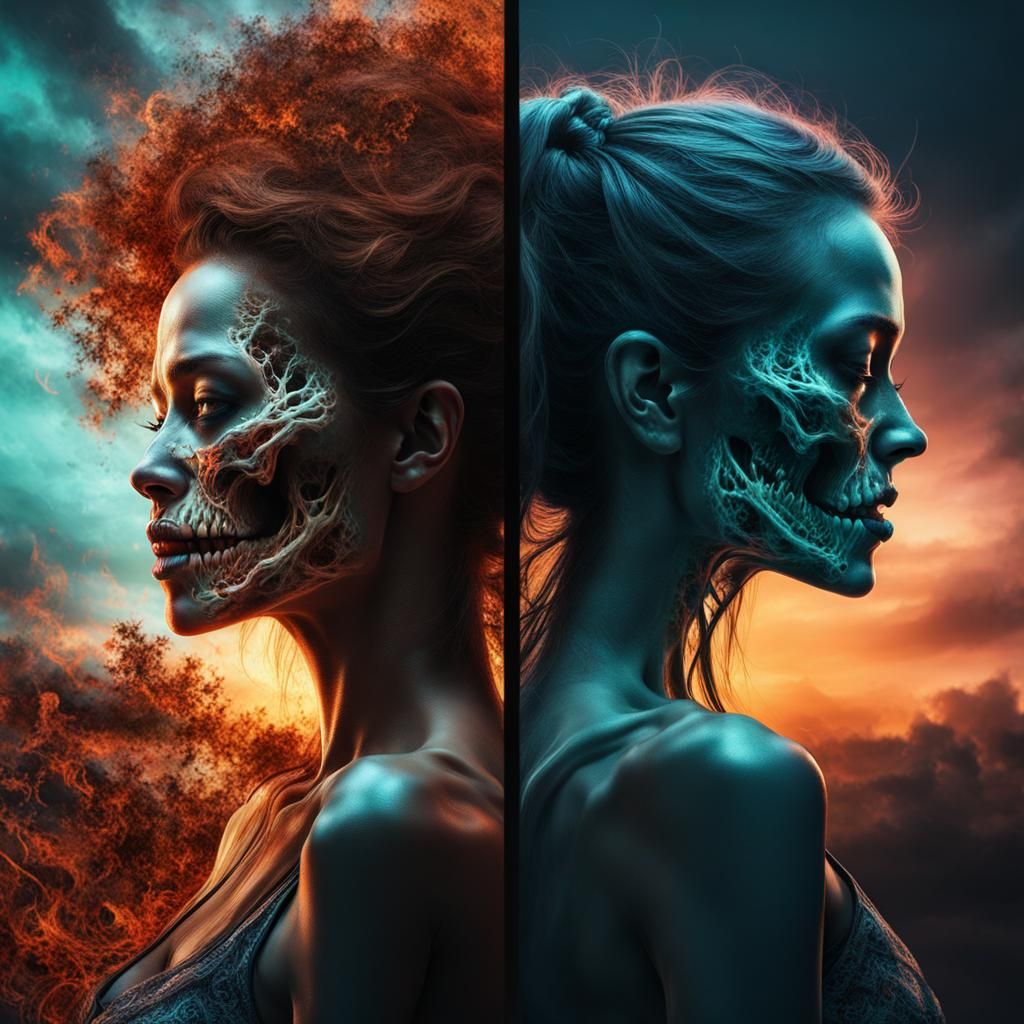 Happy Woman, Zombie Woman Split Screen Dichroic Art