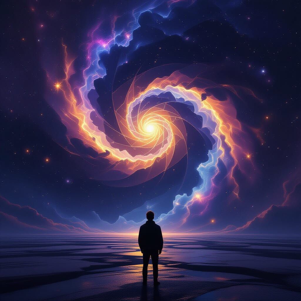 Man Gazes Into Cosmic Fractal Sky