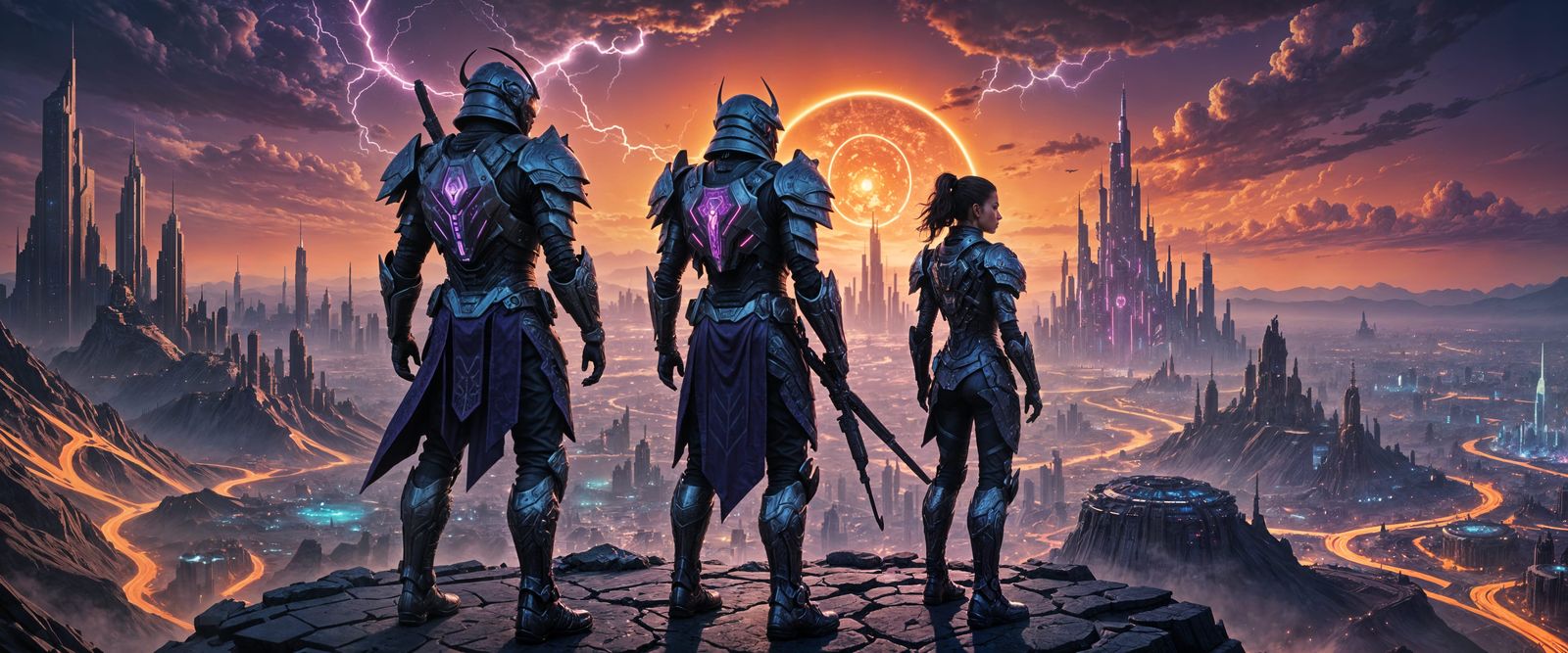 Futuristic Warriors Above Neon Cyberpunk City