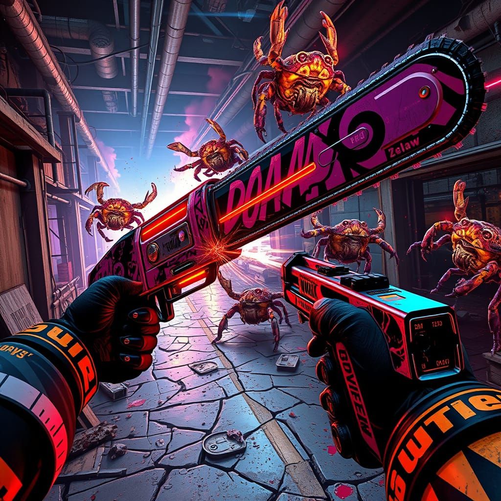 Post-Apocalyptic FPS Scene with Neon Shotgun