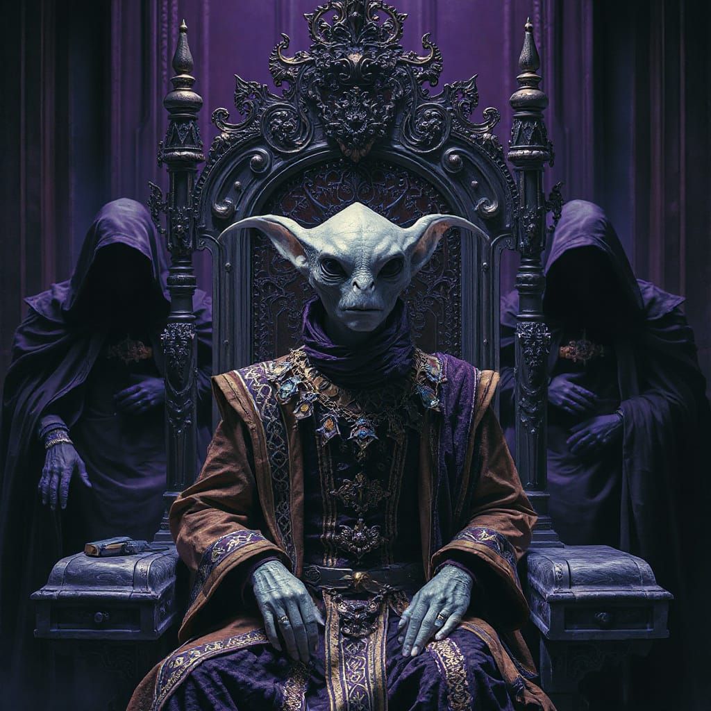 Alien Monarch on Throne in Dark Sci-Fi Charcoal Art