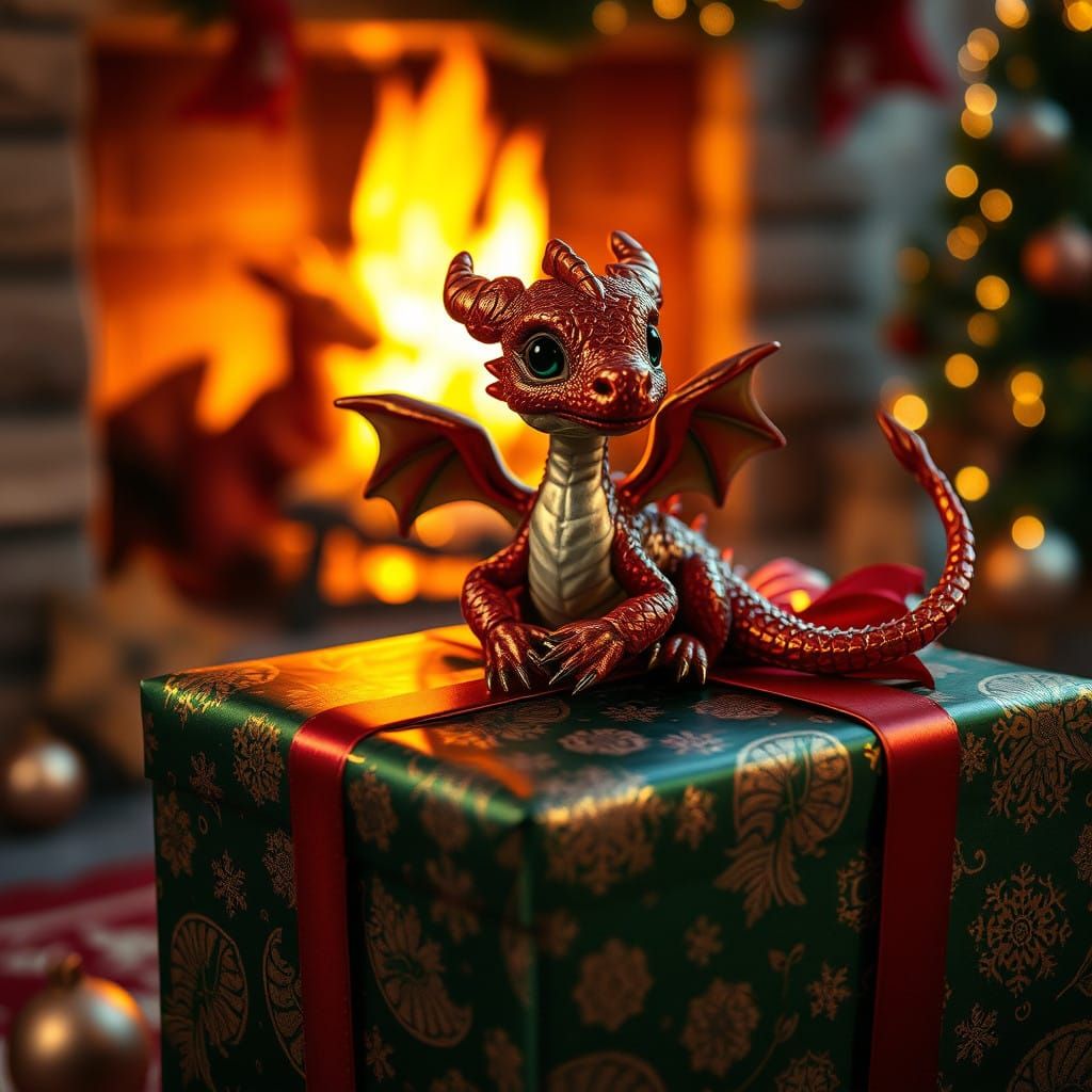 Newly Hatched Christmas Dragon Surrounded by Whimsical Winte...