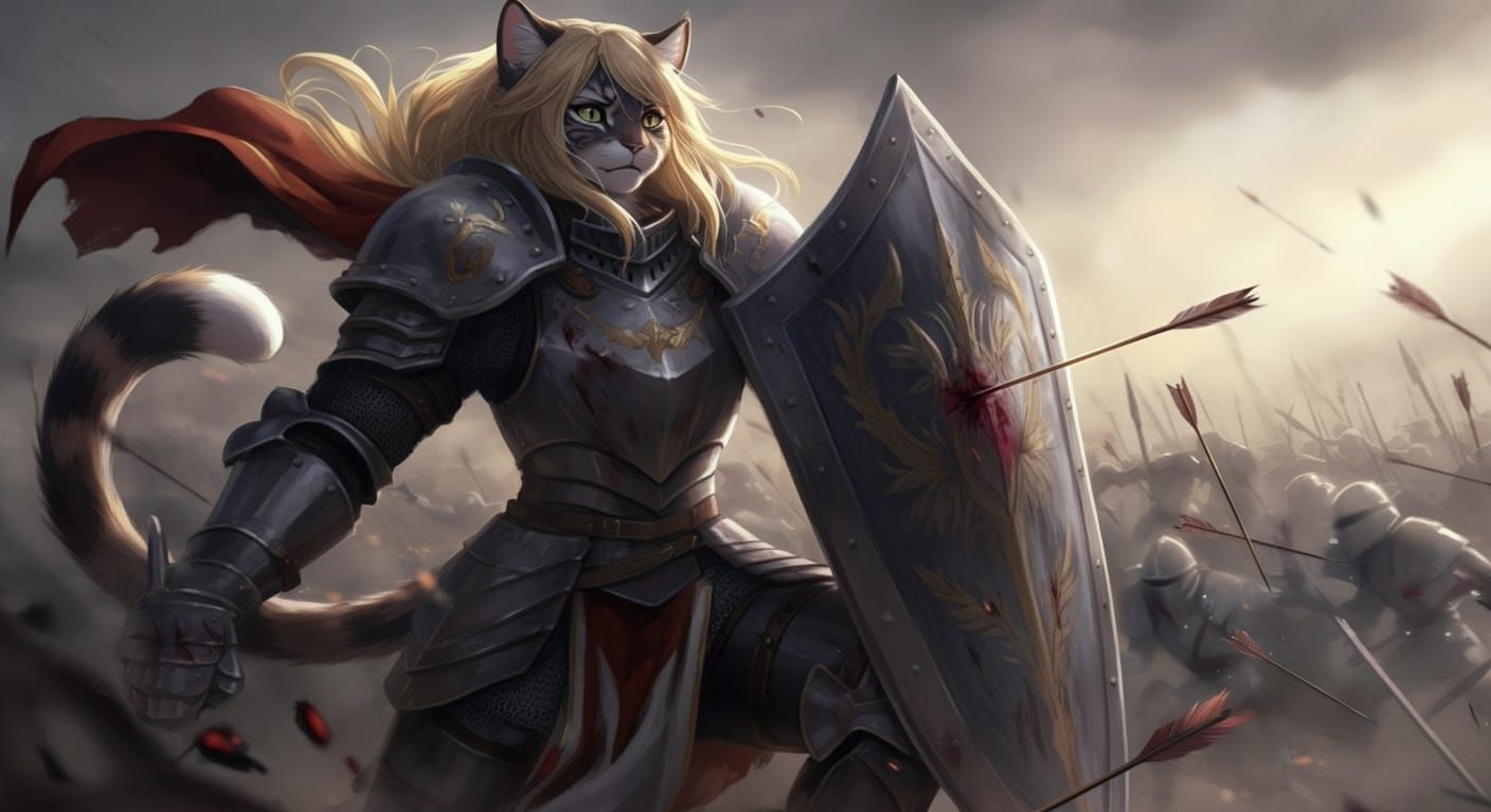 Fantasy Feline Warrior in Pastel-Hued Battle