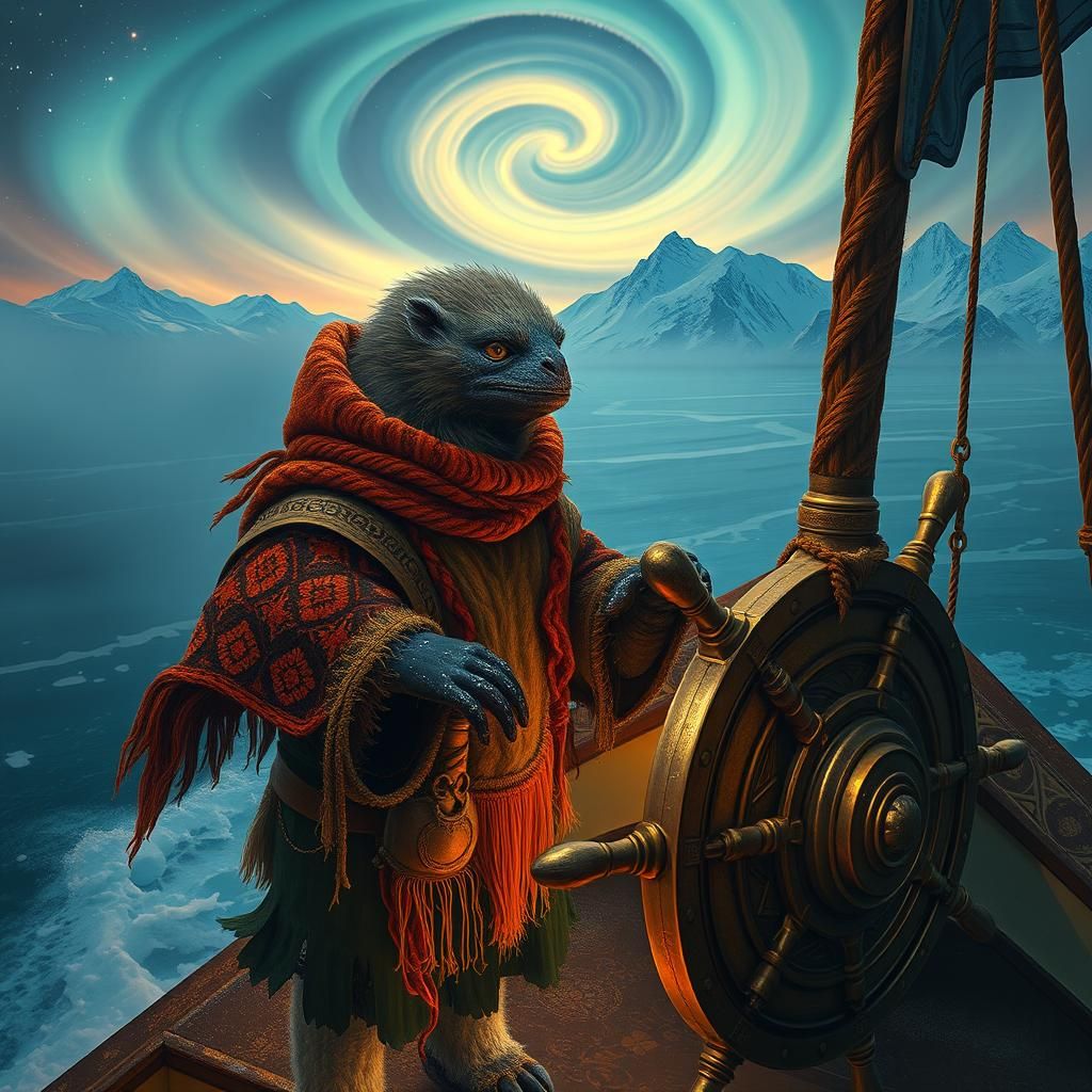 Paracamelus Navigates Icy Strait Under Aurora