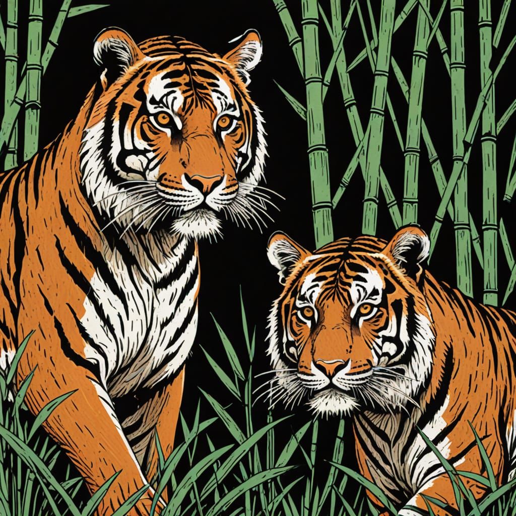 Linocut glimpses of tigers in bamboo