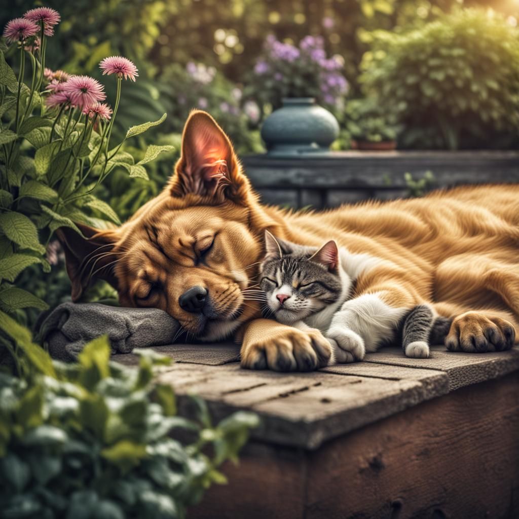 Hyperrealistic Cat and Dog Sleeping in Garden