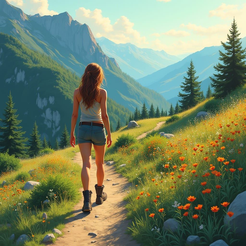 Vibrant Hiking Trail in Digital Illustration Style