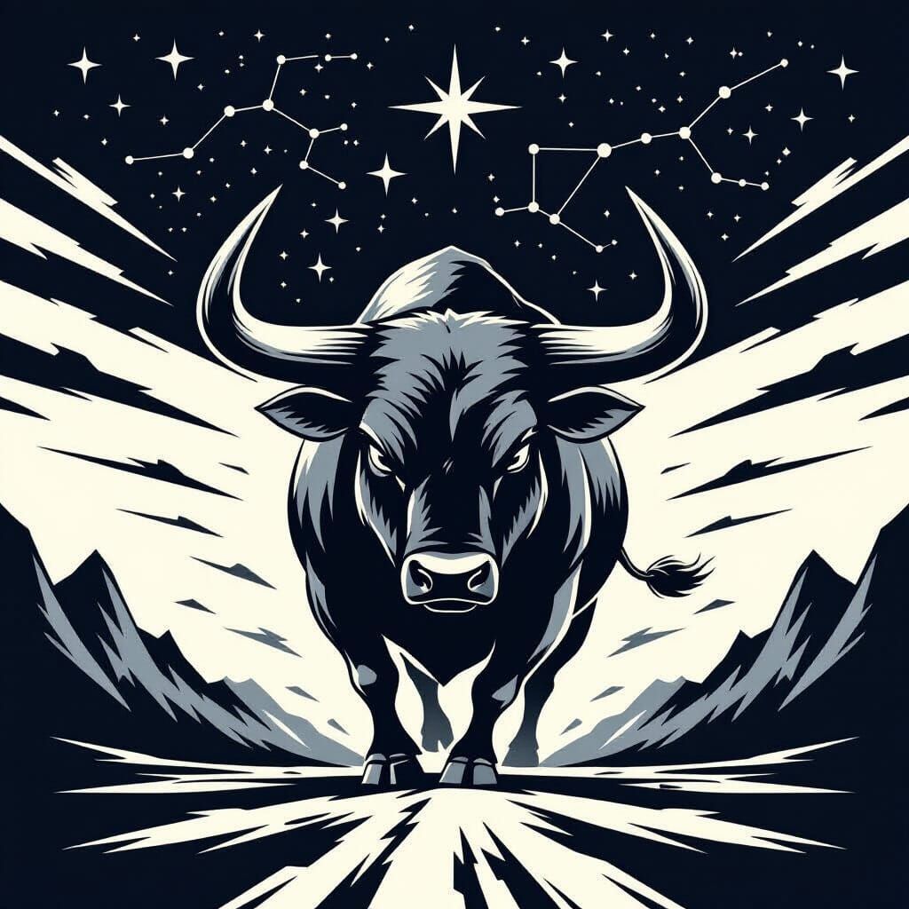 Minimalist Black and White Bull Logo with Constellation