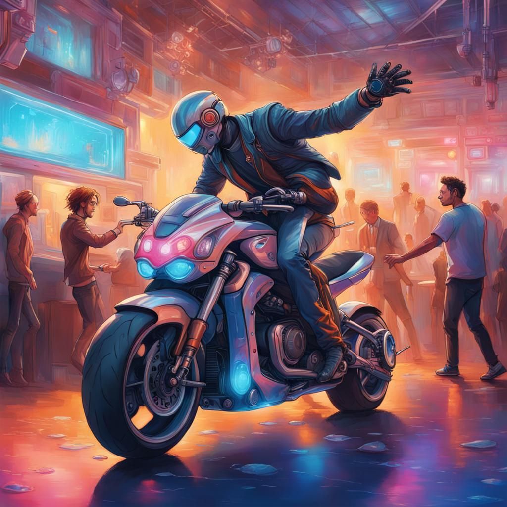 Man and AI Motorcycle Dancing in Hyperrealistic Style