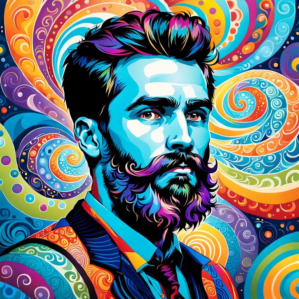 Whimsical Man with Colorful Swirling Beard